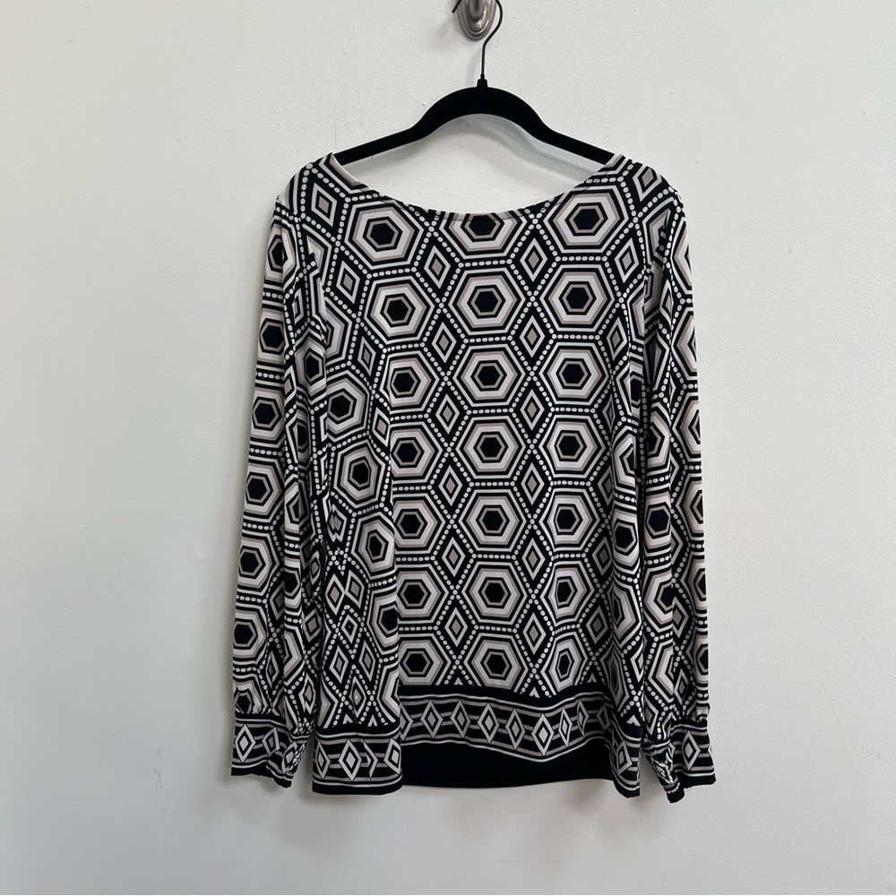 Alfani Womens Geometric Diamond Print Long Sleeve Tunic Top Black White Tan SZ M